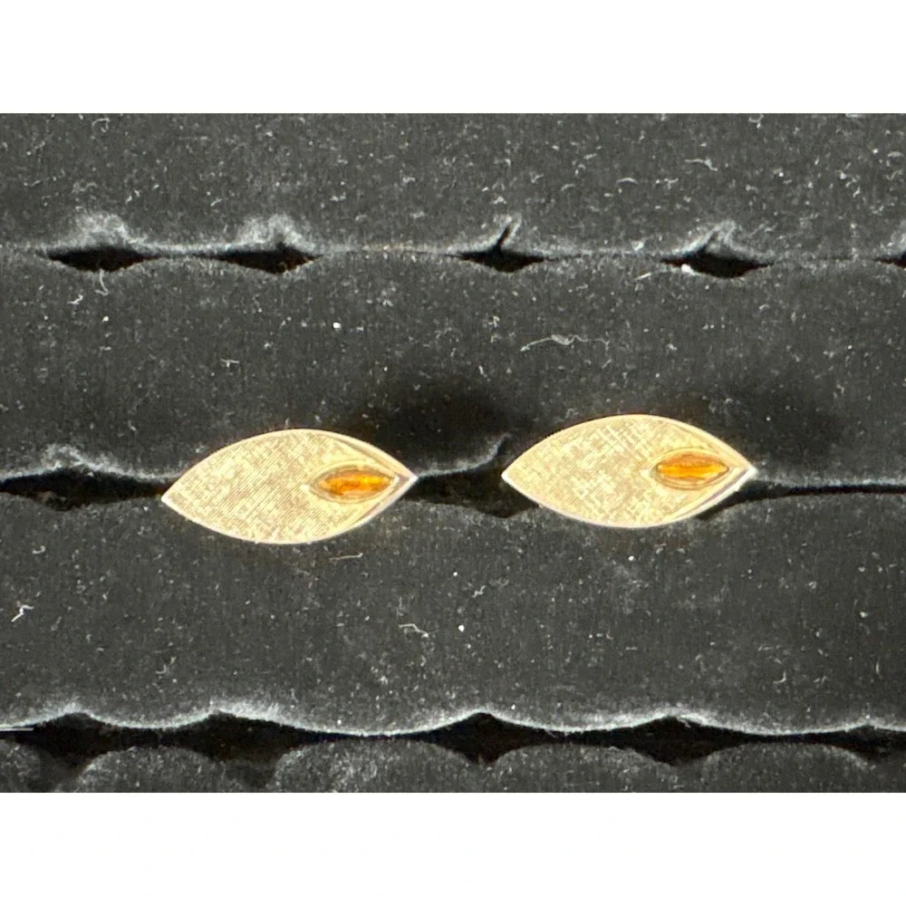 Vintage Gold Tone Marquise Textured Cufflinks with Amber Stone Accents